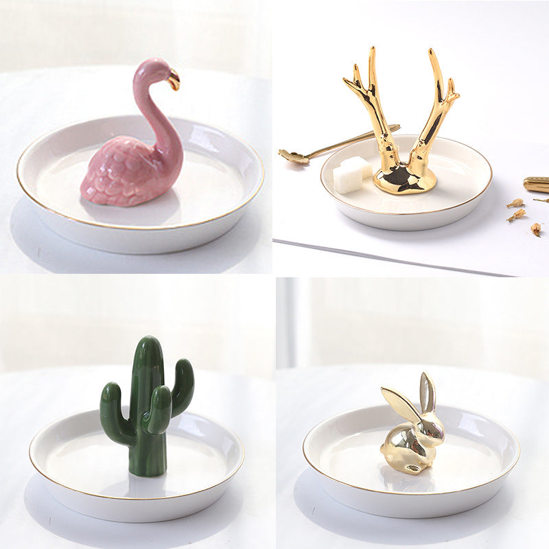 Nordic Style Porcelain Ceramic Plates Miniature Flamingo Pineapple Cactus Rabbit Deer Eiffel Tower Elephant Baby Jewelry Tray Decorative Ornaments